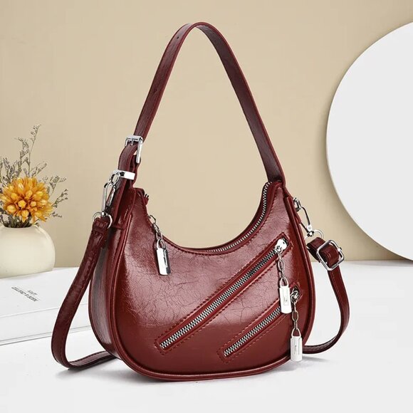 Women's Diagonal Zipper Leather Shoulder Bag - Picture 3 of 5